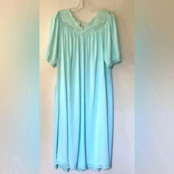 Vintage Shadow Line L Aqua SILKY NYLON Nightgown Negligee Gown Pink Rose USA - Picture 1 of 12